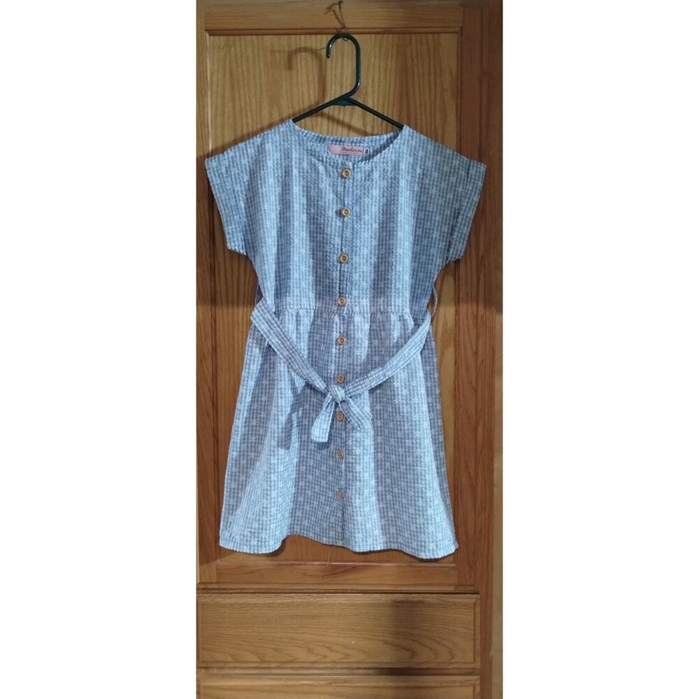Mandarina Dulce Moda Seersucker Floral Gingham Dress Size EG Blue White Cotton